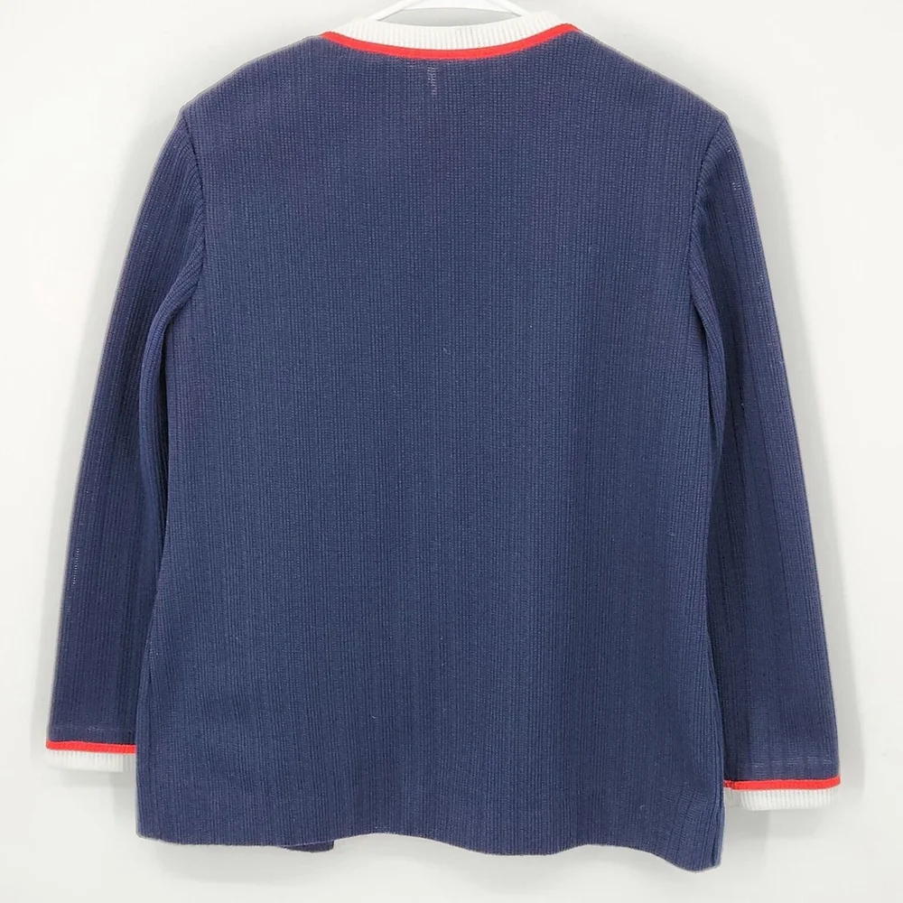 Iconic Wolf Brothers Of Florida Blue Cardigan Red White Stripes Pockets Size 14